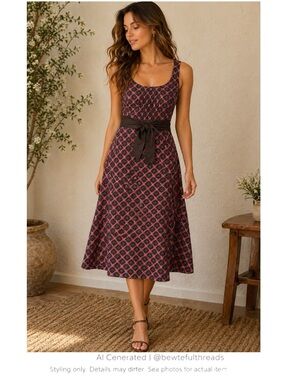 Vintage Cottagecore Silk Blend Midi Dress Pink Brown Smocked Waist